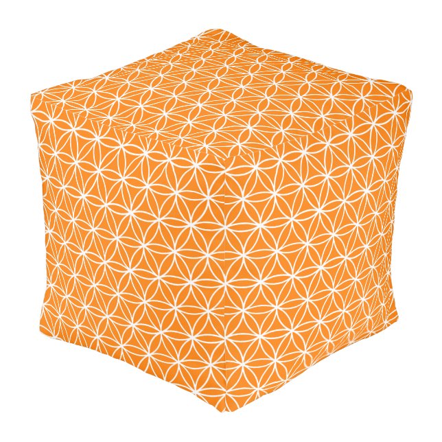 White and Orange Graphic  Lotus Design Pouf (Angled Back)