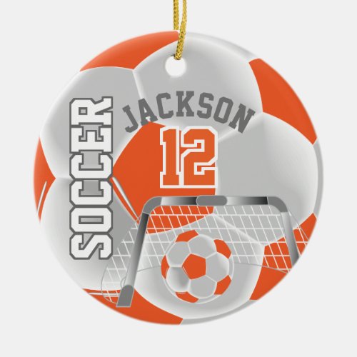 White and Orange Personalize Soccer Ball Ceramic Ornament