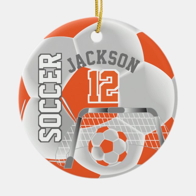 White and Orange Personalize Soccer Ball Ceramic Ornament (Front)