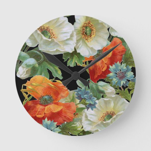 White and Orange Poppies Floral Wall Clock