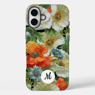 White and Orange Poppies on Black Initial Floral iPhone 16 Plus Case