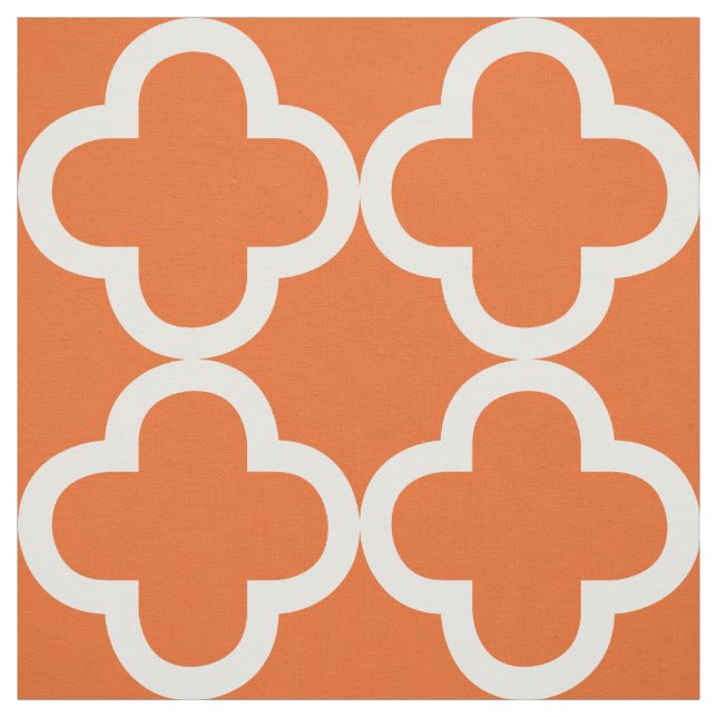 White And Orange Quatrefoil Geometric Pattern Fabric (Swatch)