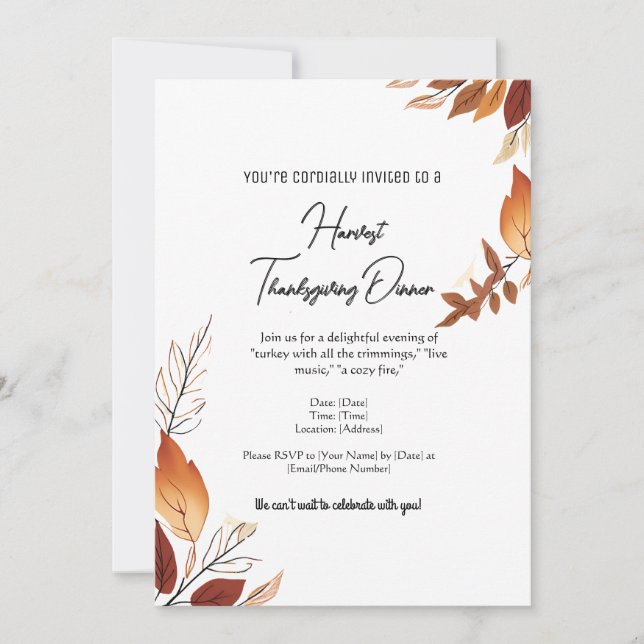 White and Orange Simple Autumn Leaves Thanksgiving Invitation (Front)