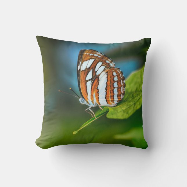 White and Orange Striped Butterfly Throw Pillow (Front)