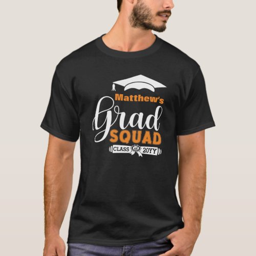 White and Orange Text Mens Black Graduation Squad T_Shirt