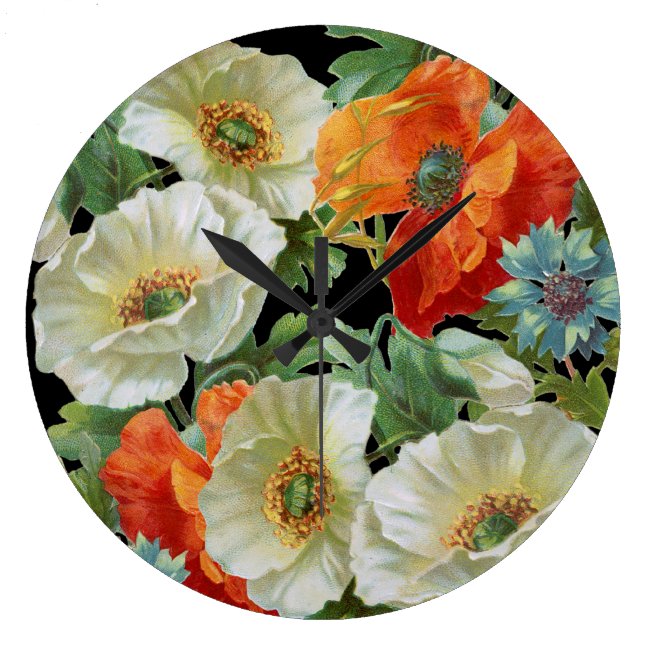White and Orange Vintage Poppies Floral Wall Clock