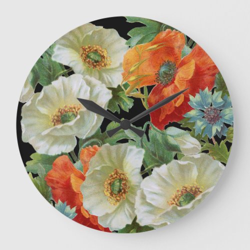 White and Orange Vintage Poppies Floral Wall Clock