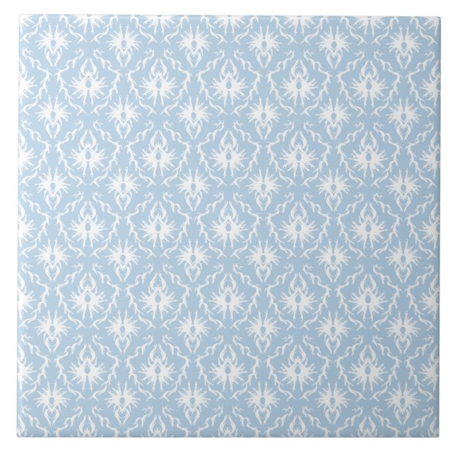 White and Pale Blue Damask Design. Ceramic Tile (Front)
