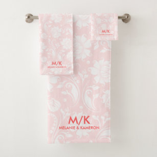 White and pale pink floral damasks   monogram bath towel set