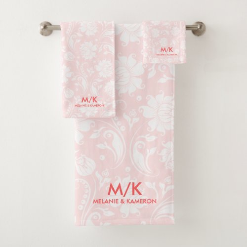White and pale pink floral damasks  monogram bath towel set