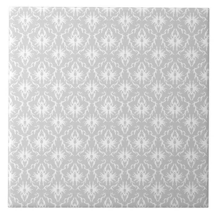 White and Pastel Gray Damask Design. Ceramic Tile Zazzle