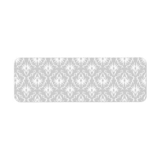 White and Pastel Gray Damask Design. Label