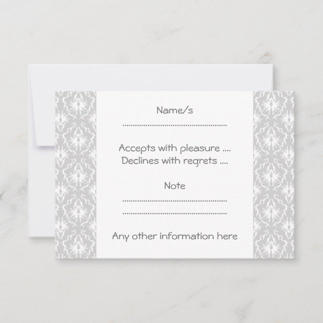White and Pastel Gray Damask Design. RSVP Card (Front)