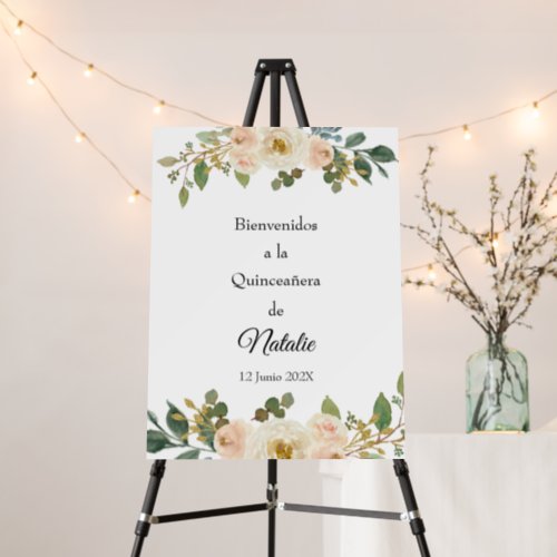 White and peach flower quinceanera welcome sign 