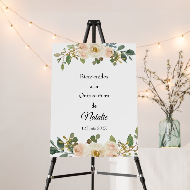 White and peach flower quinceanera welcome sign  (In Situ (Stand))