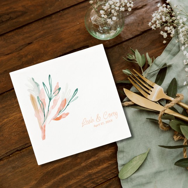 White and Peach Modern Wedding Cocktail Napkins (Creator Uploaded)