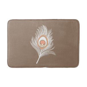 White and Peach Peacock Feather on Taupe Tan Bathroom Mat