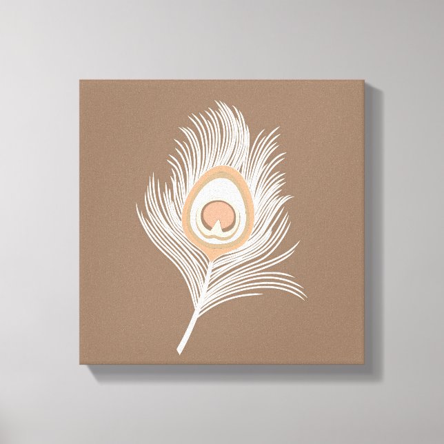 White and Peach Peacock Feather on Taupe Tan Canvas Print (Front)