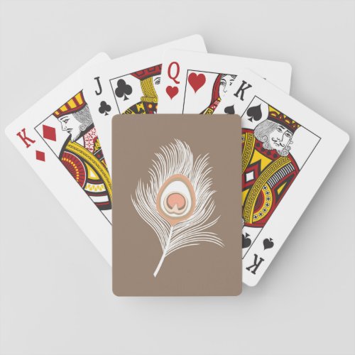 White and Peach Peacock Feather on Taupe Tan Playing Cards