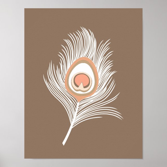 White and Peach Peacock Feather on Taupe Tan Poster (Front)