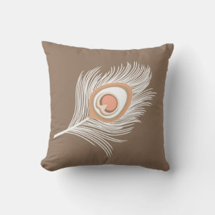 White and Peach Peacock Feather on Taupe Tan Throw Pillow