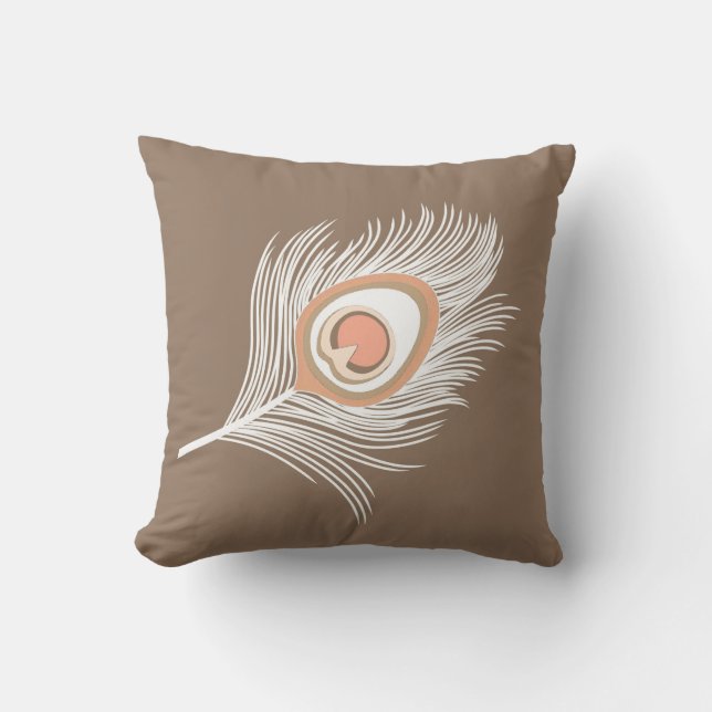 White and Peach Peacock Feather on Taupe Tan Throw Pillow (Front)