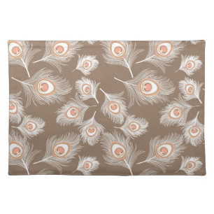 White and Peach Peacock Feathers on Taupe Tan Cloth Placemat