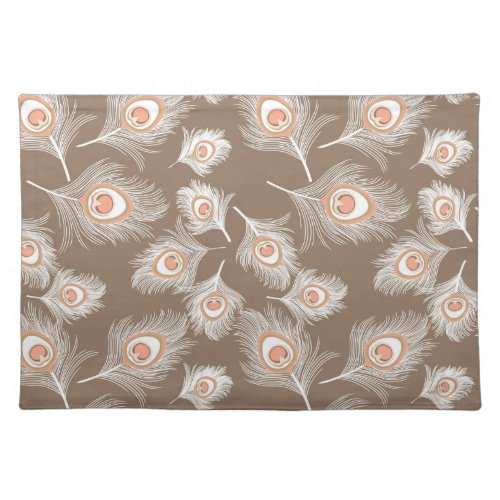 White and Peach Peacock Feathers on Taupe Tan Cloth Placemat