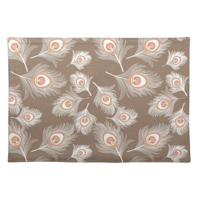 White and Peach Peacock Feathers on Taupe Tan Cloth Placemat (Front)