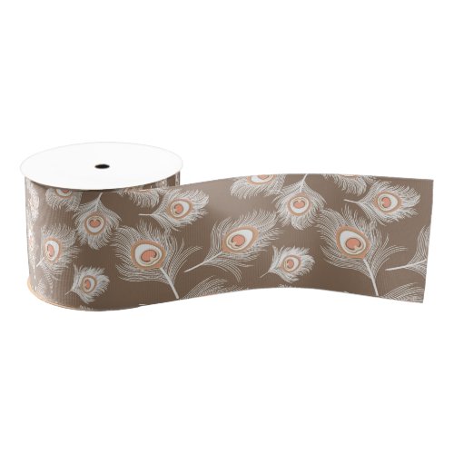 White and Peach Peacock Feathers on Taupe Tan Grosgrain Ribbon