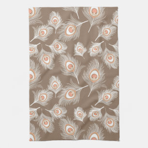 White and Peach Peacock Feathers on Taupe Tan Kitchen Towel