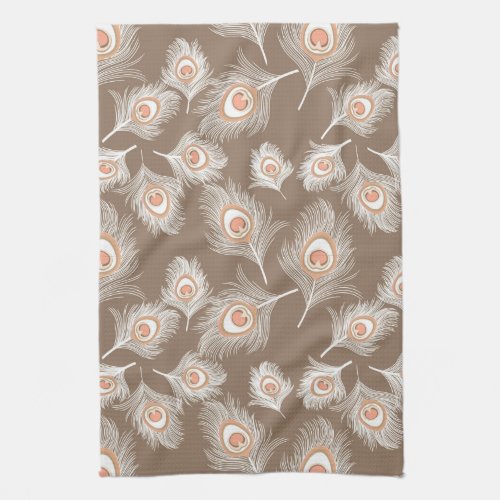 White and Peach Peacock Feathers on Taupe Tan Kitchen Towel