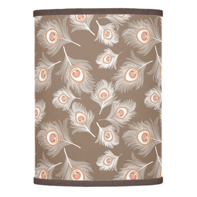 White and Peach Peacock Feathers on Taupe Tan Lamp Shade (Front)