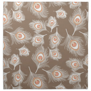 White and Peach Peacock Feathers on Taupe Tan Napkin