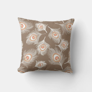 White and Peach Peacock Feathers on Taupe Tan Throw Pillow