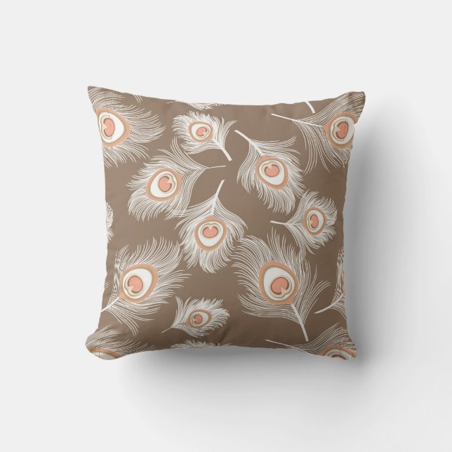 White and Peach Peacock Feathers on Taupe Tan Throw Pillow (Front)