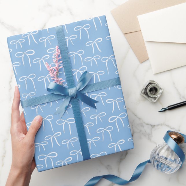 White and Periwinkle Blue Simple Bows Pattern Wrapping Paper (Gifting)