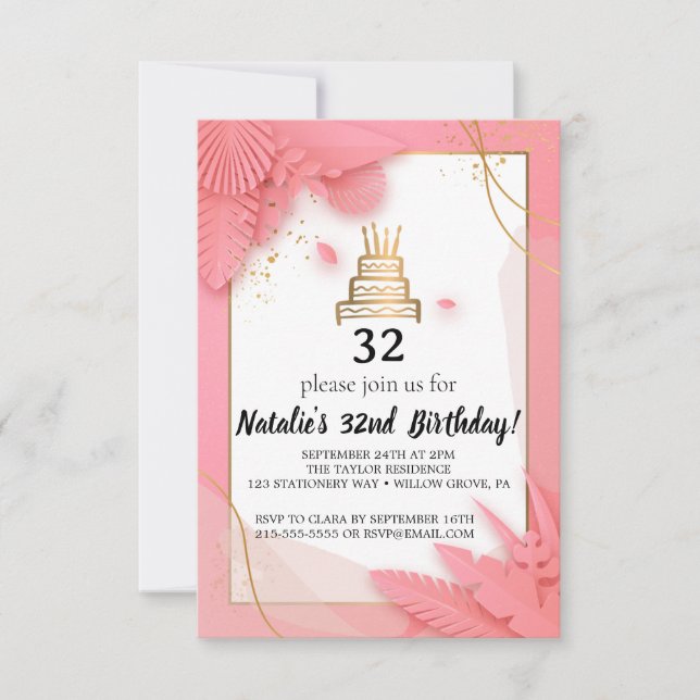 white and pink 32nd birthday invitation (Front)
