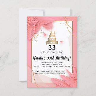 white and pink 33rd birthday invitation