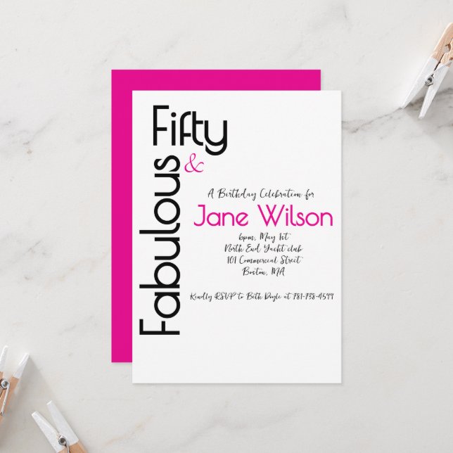 White and Pink 50th Birthday Invitation (Front/Back In Situ)