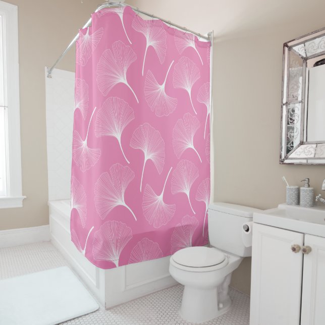 White and pink abstract leaves pattern shower curtain (In Situ)