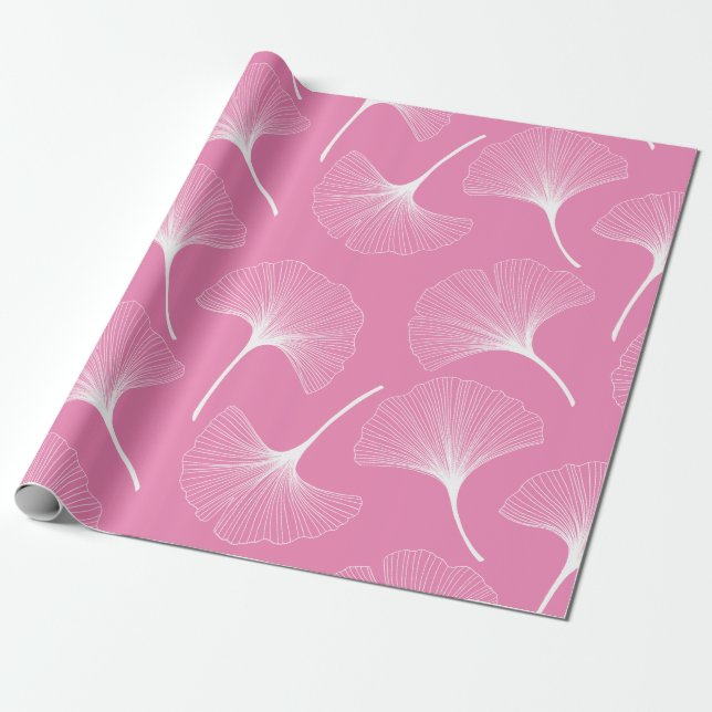 White and pink abstract leaves pattern wrapping paper (Unrolled)