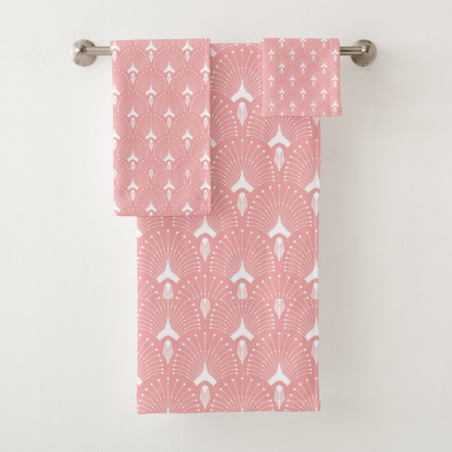 White and pink art-deco pattern bath towel set (Insitu)