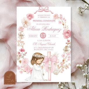 White and Pink Bow Coquette First Holy Communion I Invitation