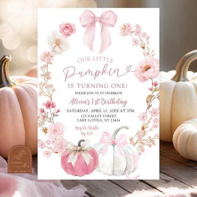 White and Pink Bow Coquette Pumpkin 1st Birthday  Invitation (Creator Uploaded)