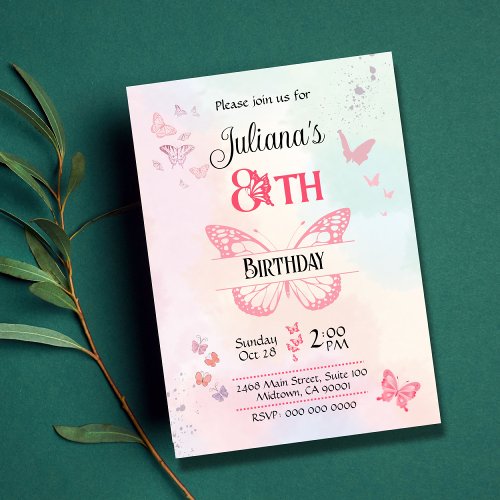 White and pink butterfly themed 8th birthday  invitation