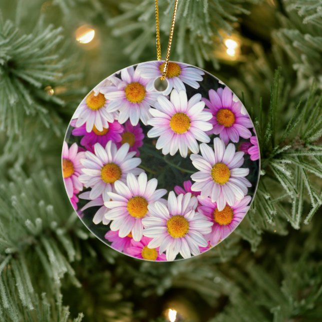 White and Pink Daisy Flower Ceramic Ornament (Tree)