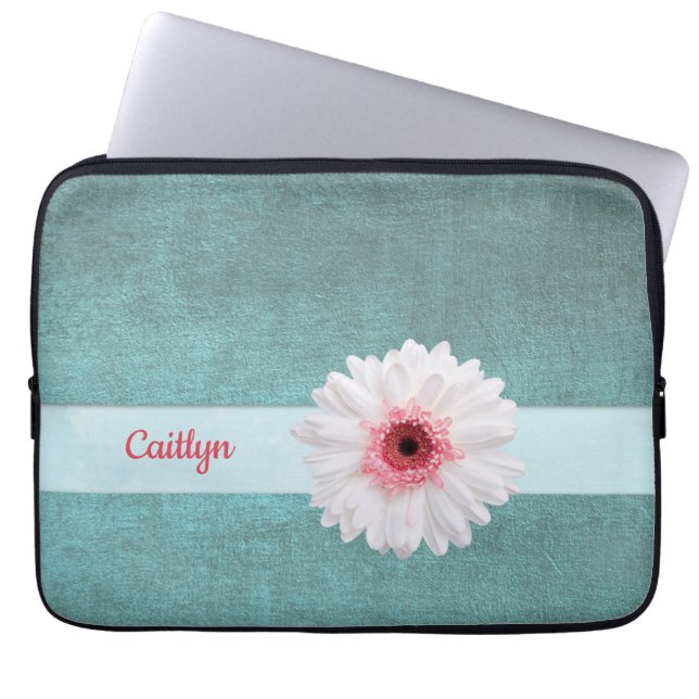 White and Pink Daisy on Turquoise Laptop Sleeve (Front)