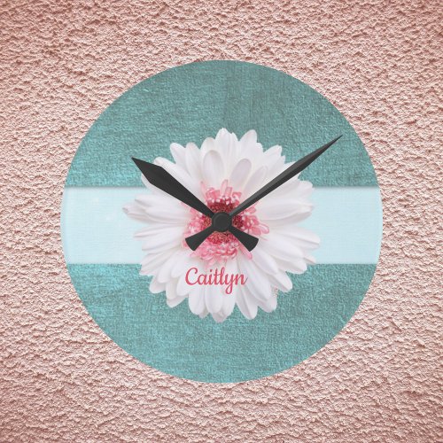 White and Pink Daisy on Turquoise Round Clock