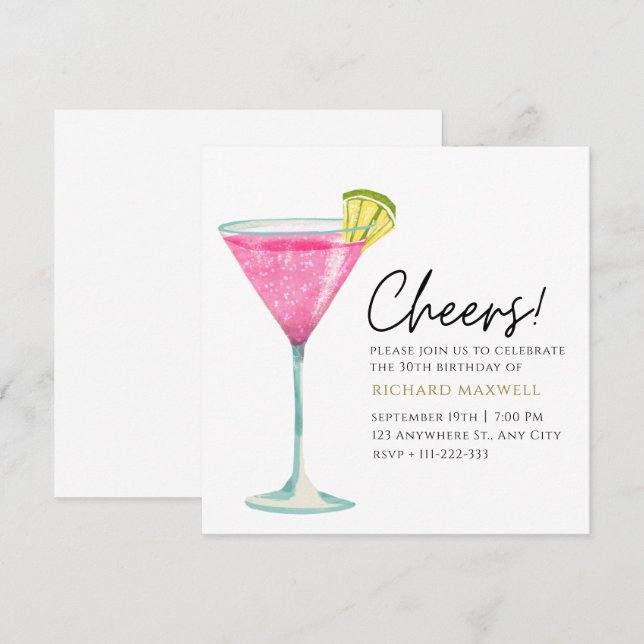White and Pink Elegant Cocktail Party Birthday  Invitation (Front/Back)
